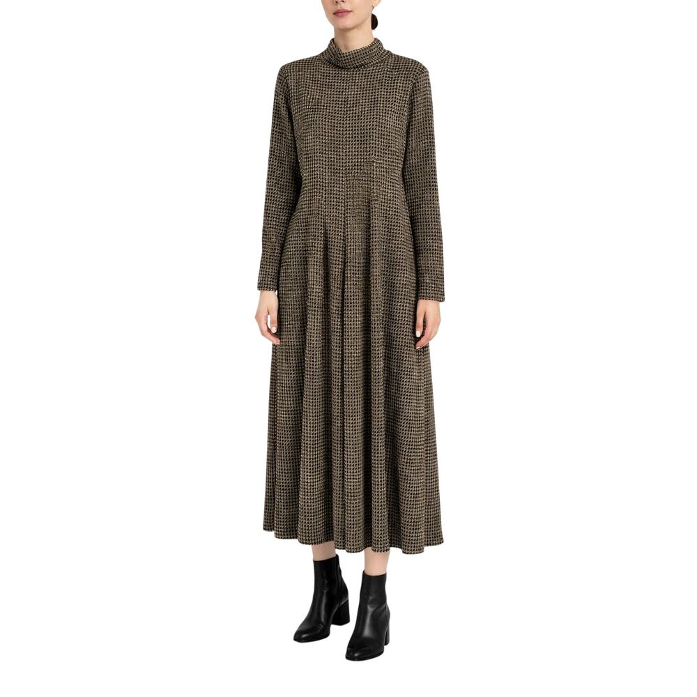 Alias 90s Vintage Tan and Black Houndstooth Long Sleeve Turtleneck Dress Medium